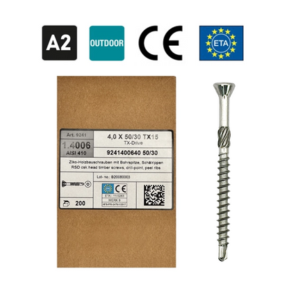Stainless Steel Facade Screws for Wood 4X50, TX15 Head, for Exterior Work, A2, 200 pcs.