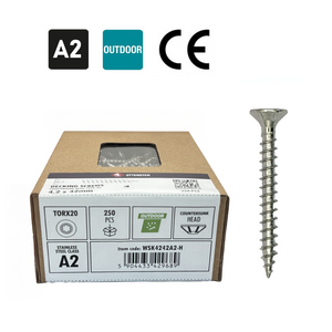 Nerūsējošā tērauda terases skrūves 4.2 x 42mm (terases skrūves, fasādes skrūves TX20 galva, CE sertifikāts, A2, 250 gab.)
